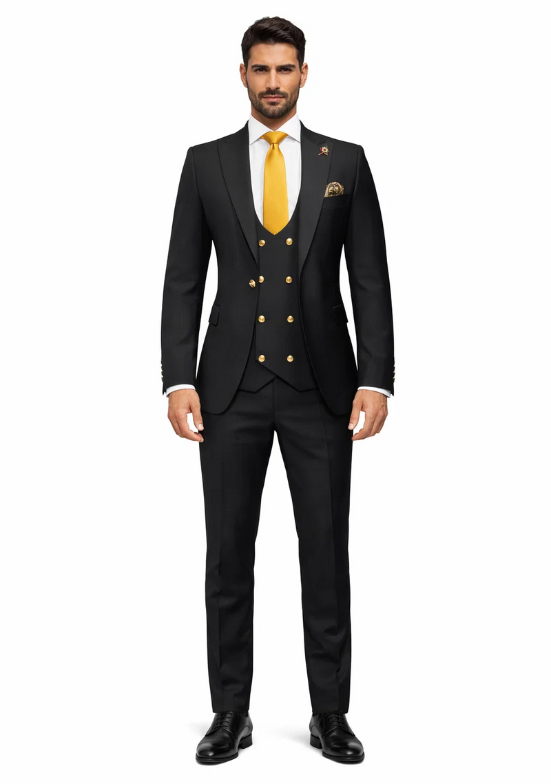 Rossi Man Mens Black Slim Fit Suit Double-Breasted Modern Classic