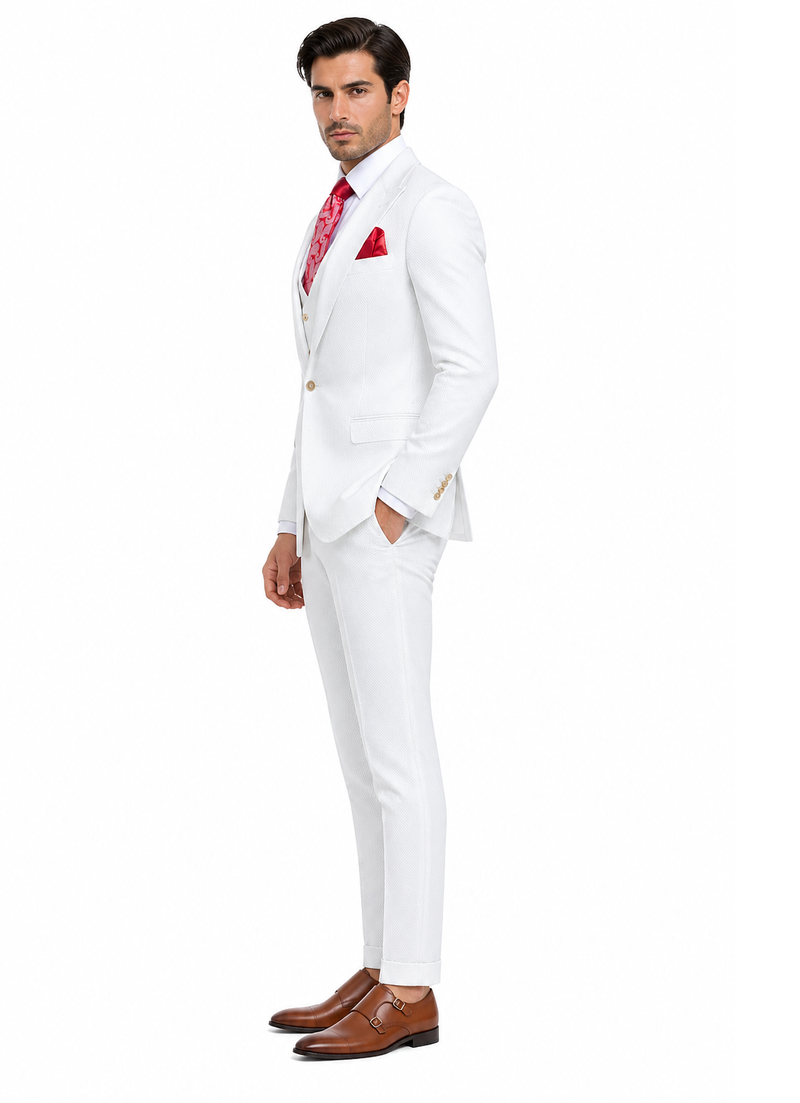 Rossi Man Slim Fit 3-Piece White Suit – Peak Lapel, Double-Breasted Vest & Flat Front Pants