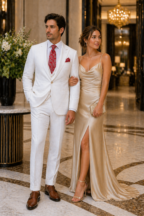 Rossi Man Slim Fit 3-Piece White Suit – Peak Lapel, Double-Breasted Vest & Flat Front Pants