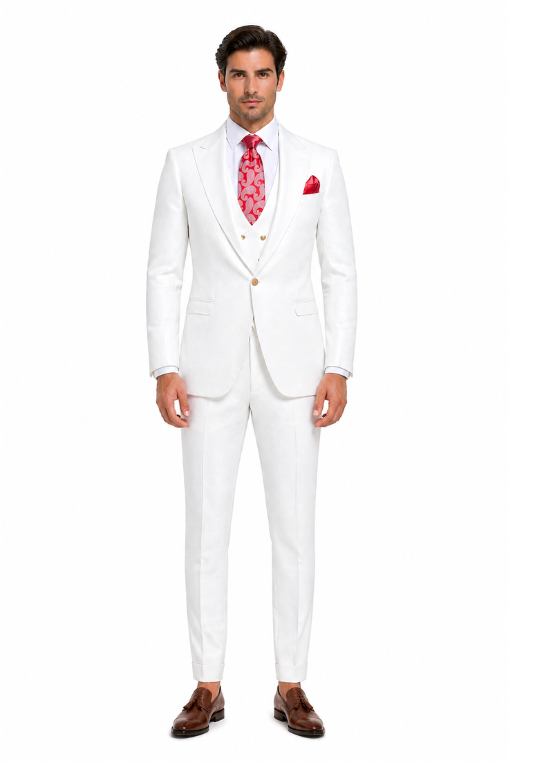 Rossi Man Slim Fit 3-Piece White Suit – Peak Lapel, Double-Breasted Vest & Flat Front Pants