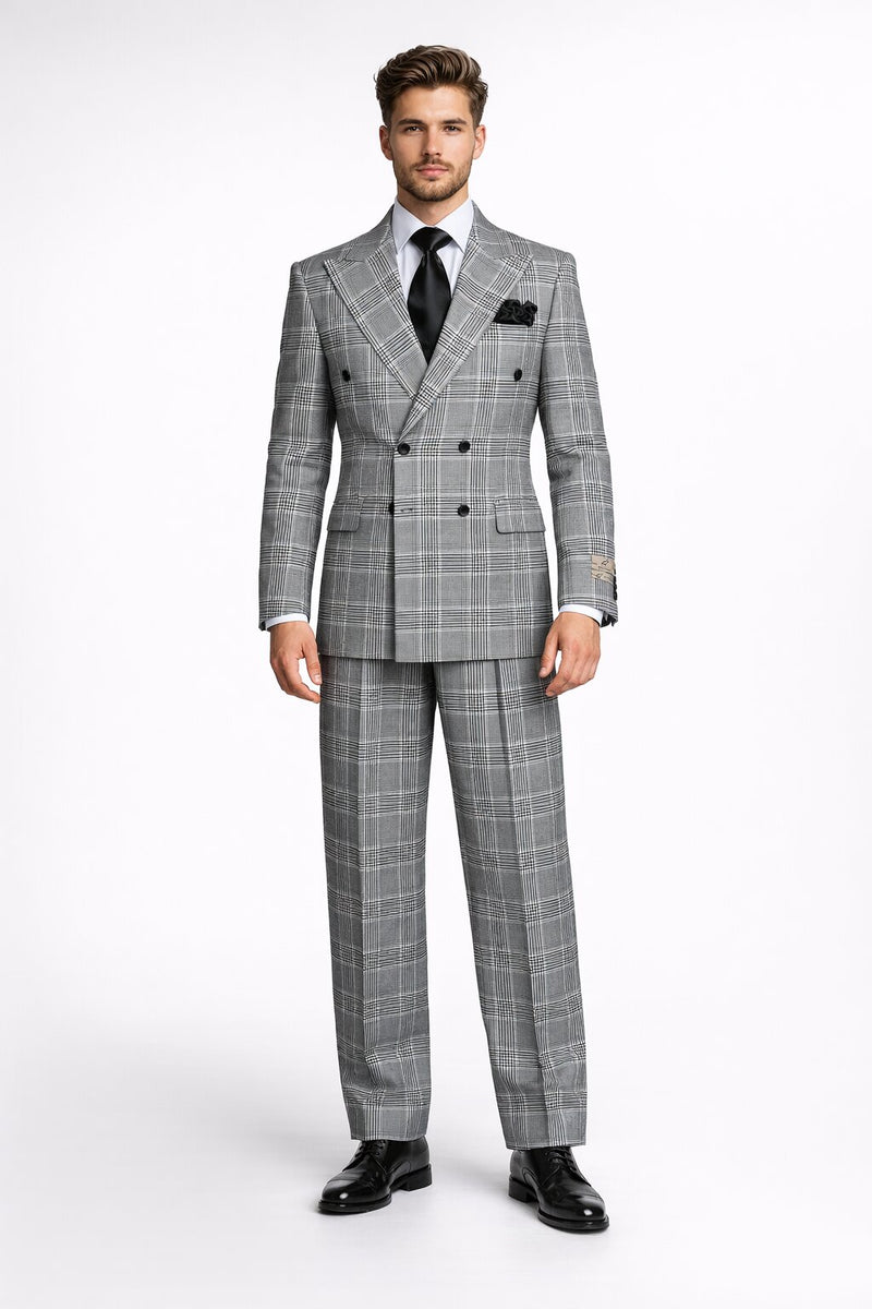 Suits With Baggy Pleated Pants - Wide Leg Pants 100% Wool - Classic Fit in Black and White Plaid Color by Rossiman