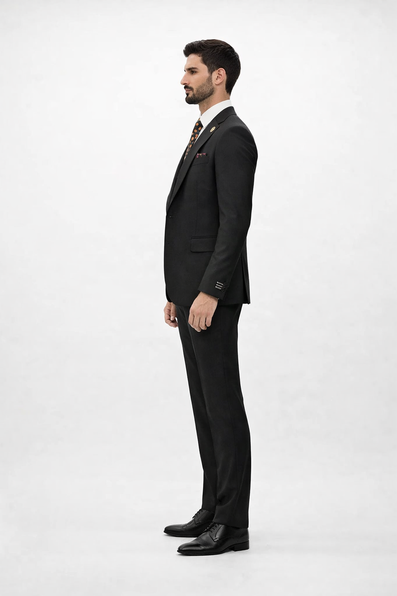 Rossiman Black Suit for Men – Classic 1-Button Peak Lapel Jacket & Double-Breasted Vest