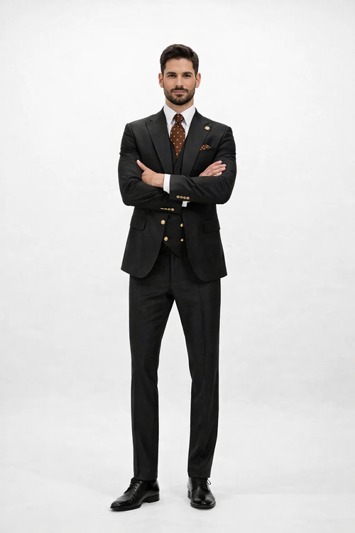Rossiman Black Suit for Men – Classic 1-Button Peak Lapel Jacket & Double-Breasted Vest
