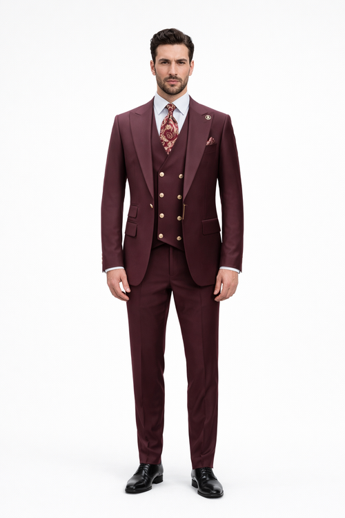 Rossiman Burgundy Suit for Men – Peak Lapel 1-Button Jacket & Double-Breasted Vest