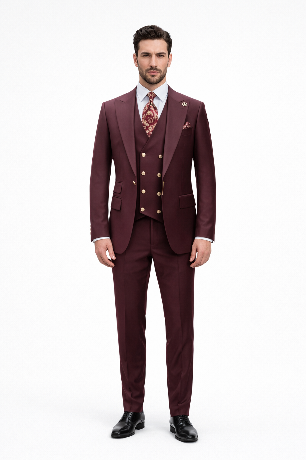 Rossiman Burgundy Suit for Men – Peak Lapel 1-Button Jacket & Double-Breasted Vest