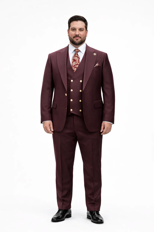 Rossiman Burgundy Suit for Men – Peak Lapel 1-Button Jacket & Double-Breasted Vest