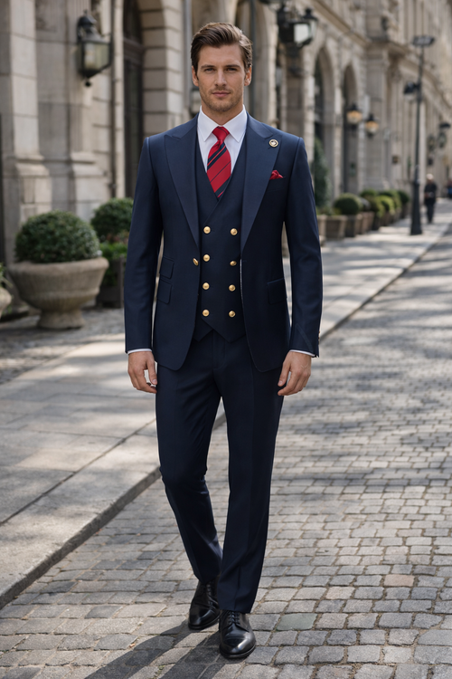 Rossiman Navy Blue Suit for Men – Classic 1-Button Peak Lapel Jacket & Double-Breasted Vest