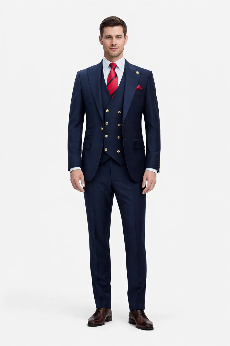 Rossiman Navy Blue Suit for Men – Classic 1-Button Peak Lapel Jacket & Double-Breasted Vest