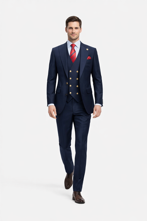 Rossiman Navy Blue Suit for Men – Classic 1-Button Peak Lapel Jacket & Double-Breasted Vest
