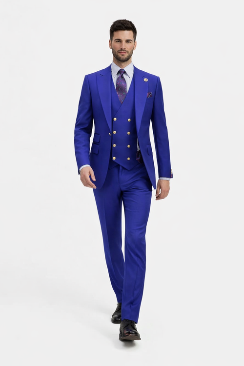 Rossiman Royal Blue Suit for Men – Classic 1-Button Peak Lapel Jacket & Double-Breasted Vest