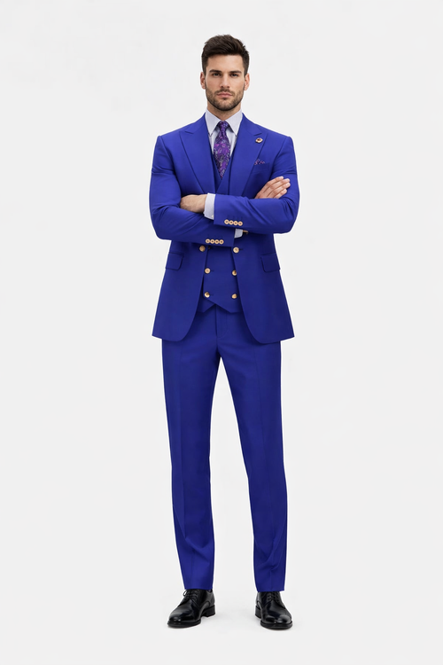 Rossiman Royal Blue Suit for Men – Classic 1-Button Peak Lapel Jacket & Double-Breasted Vest