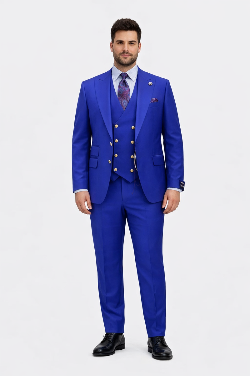 Rossiman Royal Blue Suit for Men – Classic 1-Button Peak Lapel Jacket & Double-Breasted Vest
