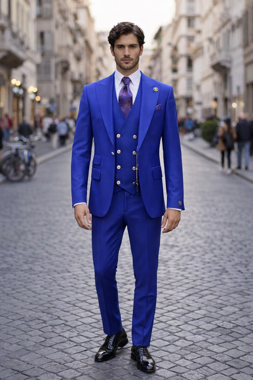 Rossiman Royal Blue Suit for Men – Classic 1-Button Peak Lapel Jacket & Double-Breasted Vest