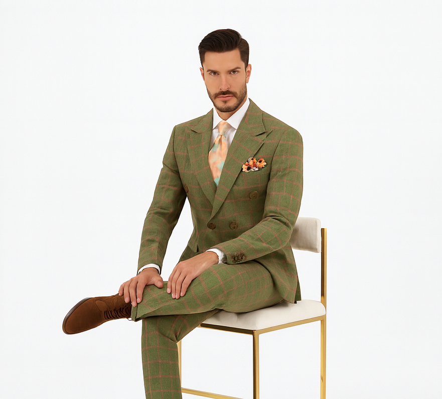 Rossiman Suit – Sage Green & Burnt Orange Windowpane Plaid Double-Breasted Suit