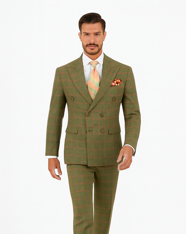 Rossiman Suit – Sage Green & Burnt Orange Windowpane Plaid Double-Breasted Suit