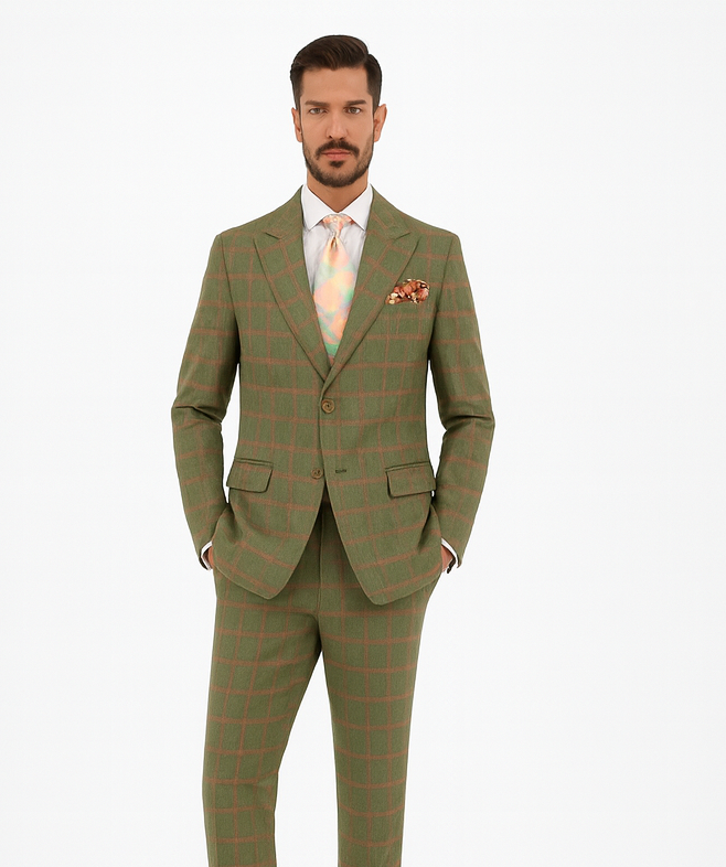 Rossiman Suit – Sage Green & Burnt Orange Windowpane Plaid Double-Breasted Suit