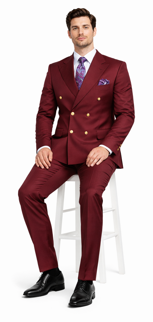 Rossiman Men's Burgundy Slim Fit Formal Suit – Modern Double-Breasted Jacket