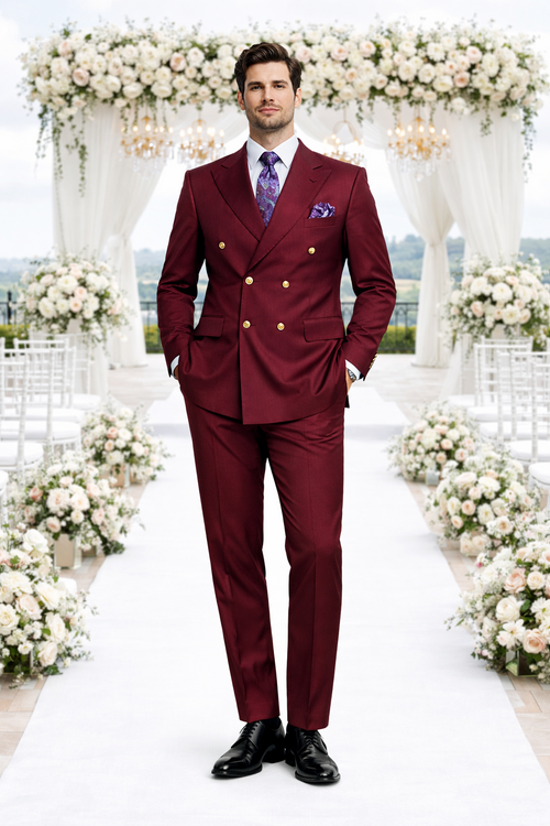 Rossiman Men's Burgundy Slim Fit Formal Suit – Modern Double-Breasted Jacket