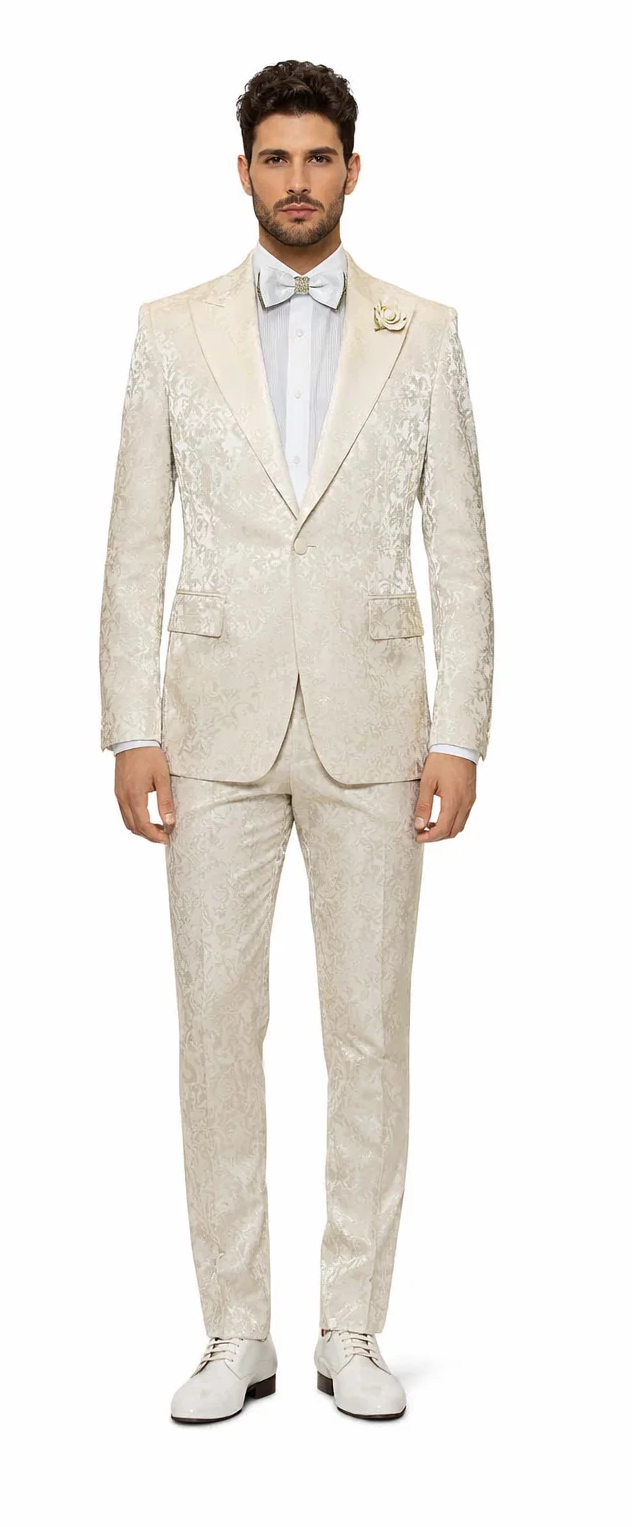 Mens Champaign Ivory Jacquard Paisley Tuxedo Suit with Satin Shawl Lapel - Elegant Wedding and Prom Outfit By Rossiman