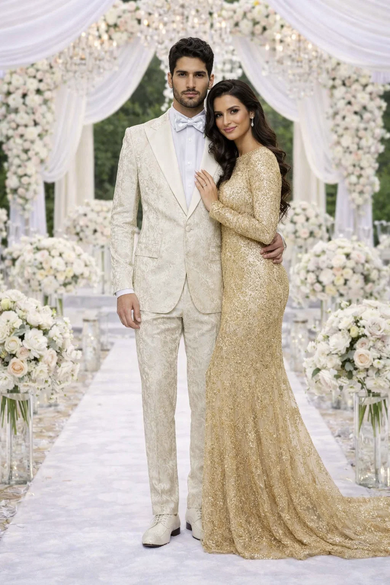Mens Champaign Ivory Jacquard Paisley Tuxedo Suit with Satin Shawl Lapel - Elegant Wedding and Prom Outfit By Rossiman