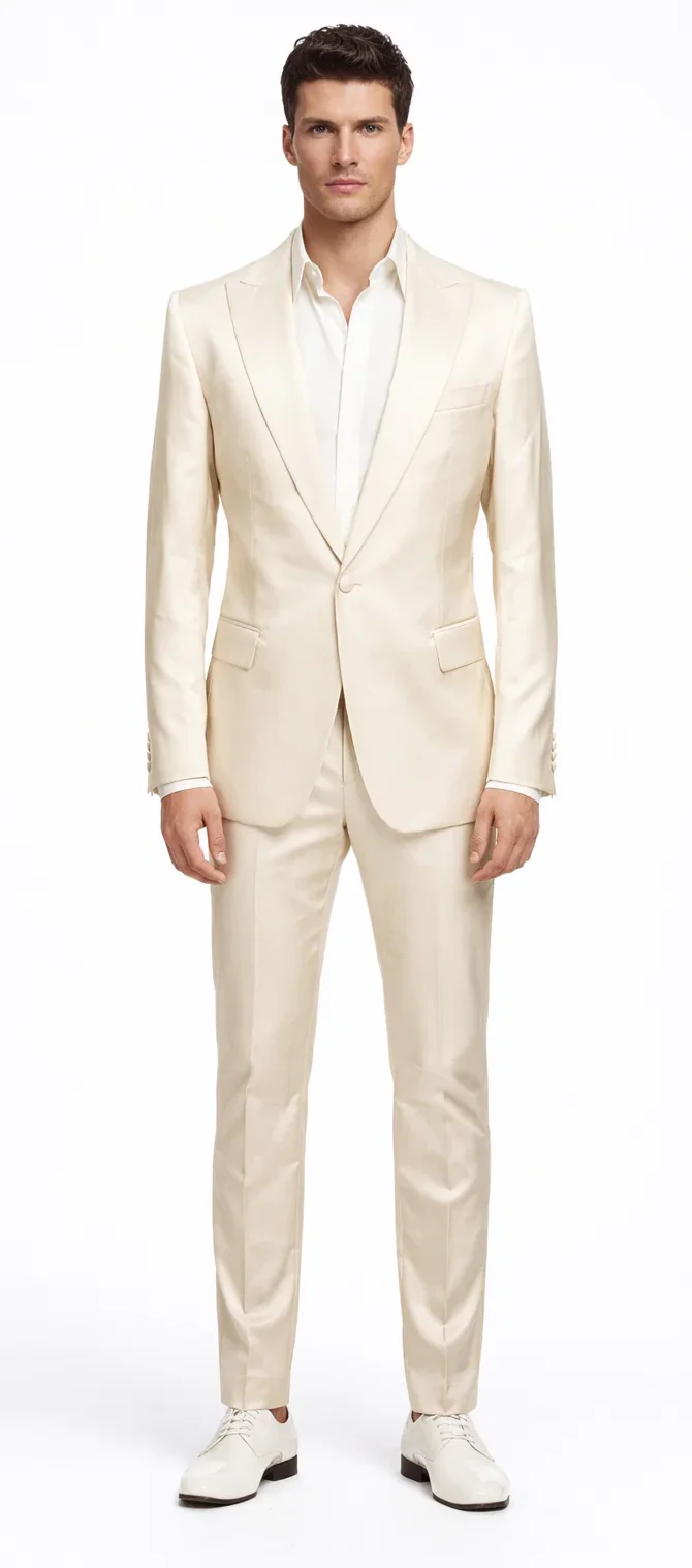 Rossiman Mens Cream Sateen Suit - Elegant Glossy Formalwear