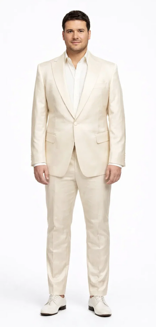 Rossiman Mens Cream Sateen Suit - Elegant Glossy Formalwear