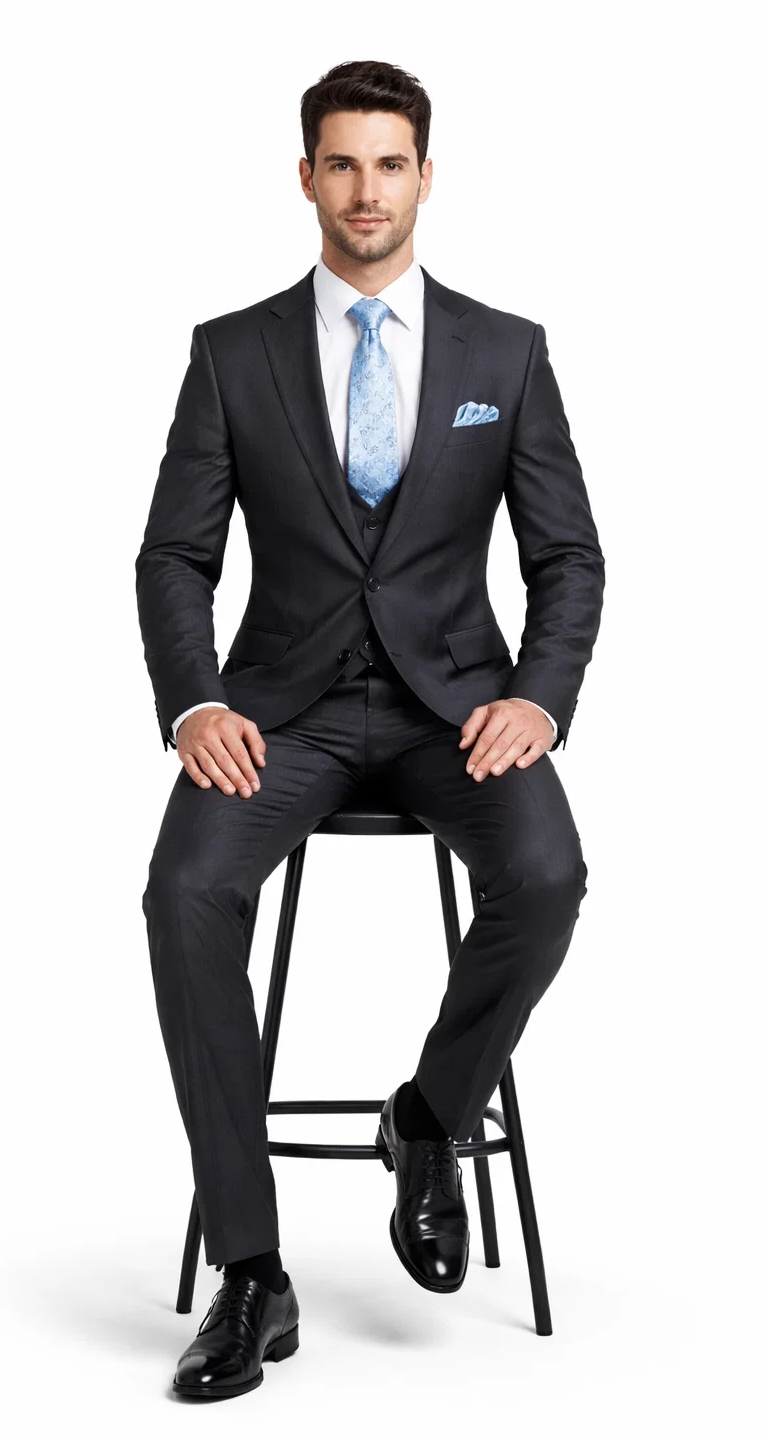 Rossiman Men's Dark Gray Slim Fit Suit – 3-Piece Vested Set with Flat Front Pants