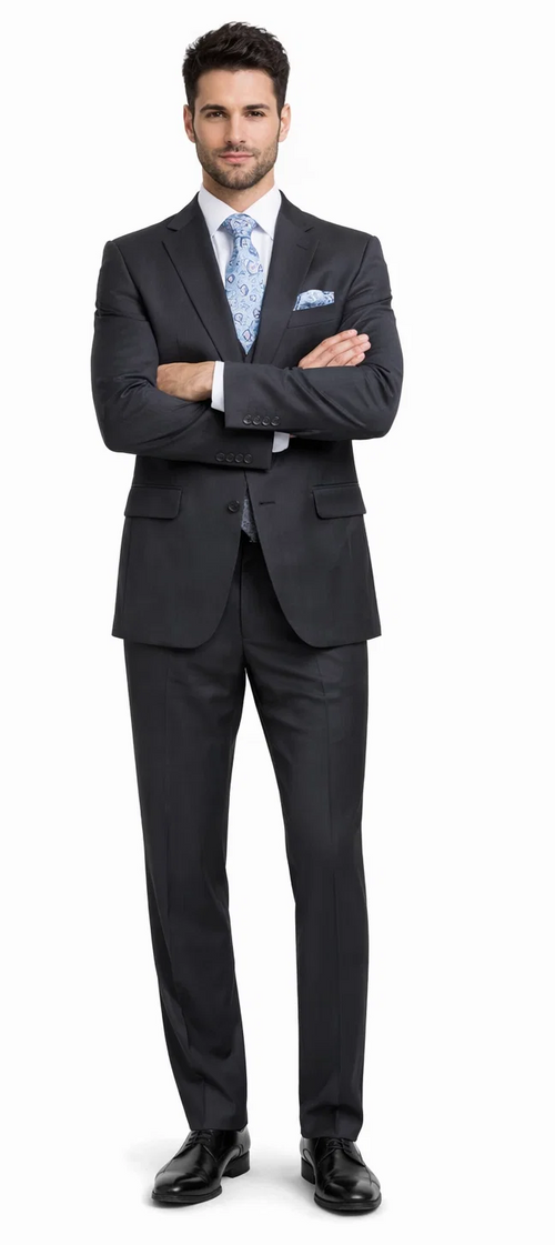 Rossiman Men's Dark Gray Slim Fit Suit – 3-Piece Vested Set with Flat Front Pants