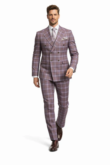 Rossiman Plaid Suit – Gray & Lavender Textured Windowpane Double-Breasted Suit