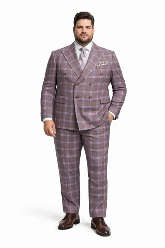 Rossiman Plaid Suit – Gray & Lavender Textured Windowpane Double-Breasted Suit