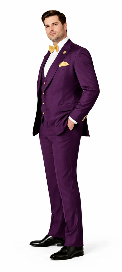 Rossiman Mens Plum Purple Suit - Gold Buttoned Double-Breasted Elegance