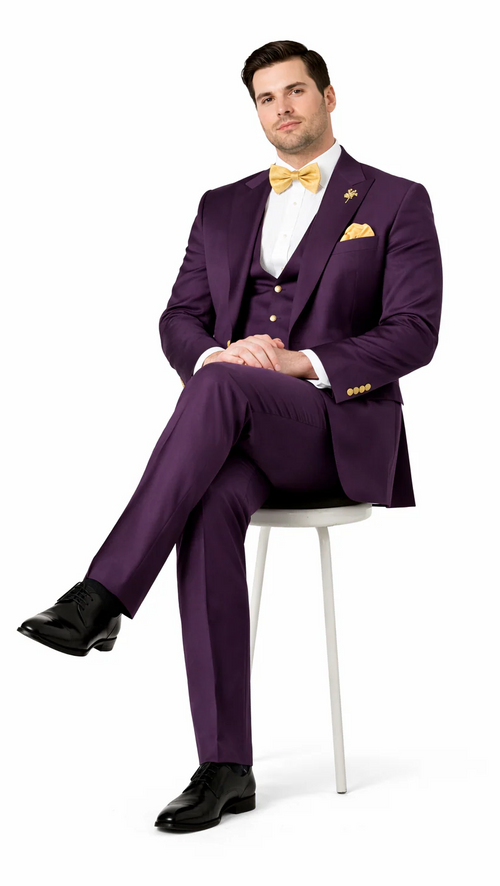 Rossiman Mens Plum Purple Suit - Gold Buttoned Double-Breasted Elegance