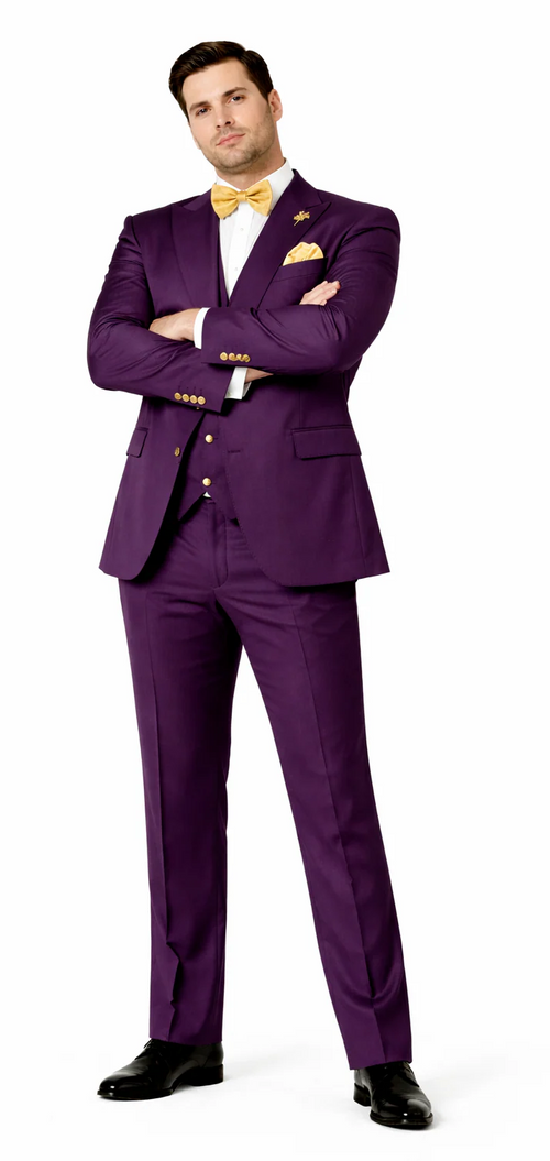 Rossiman Mens Plum Purple Suit - Gold Buttoned Double-Breasted Elegance