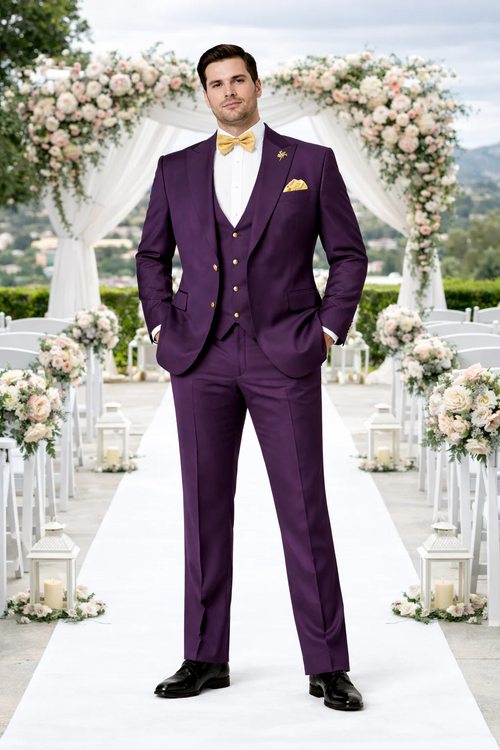 Rossiman Mens Plum Purple Suit - Gold Buttoned Double-Breasted Elegance