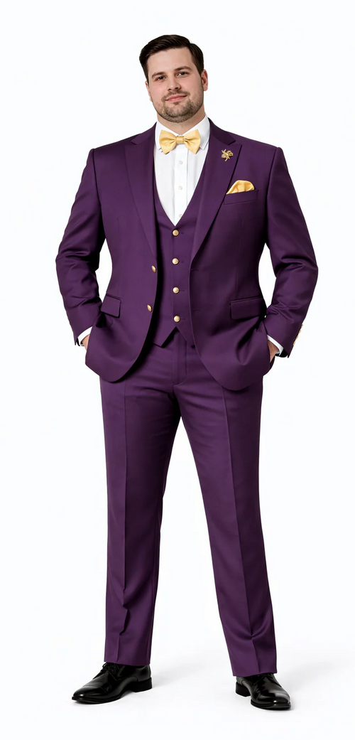 Rossiman Mens Plum Purple Suit - Gold Buttoned Double-Breasted Elegance