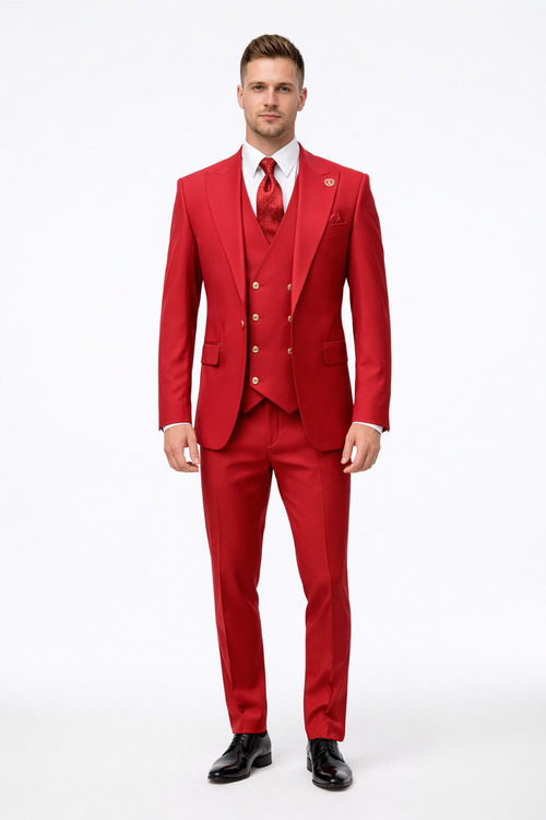 Rossiman Men's Red Suit – Stylish 1-Button Peak Lapel Jacket & Double-Breasted Vest