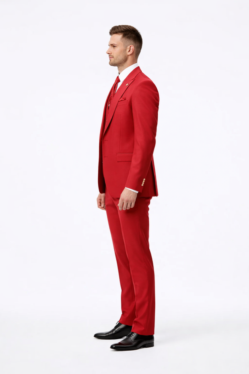 Rossiman Men's Red Suit – Stylish 1-Button Peak Lapel Jacket & Double-Breasted Vest