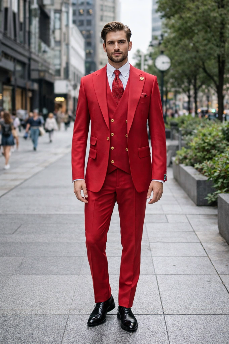 Rossiman Men's Red Suit – Stylish 1-Button Peak Lapel Jacket & Double-Breasted Vest