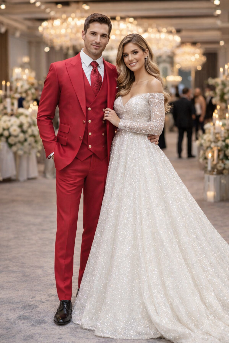 Rossiman Men's Red Suit – Stylish 1-Button Peak Lapel Jacket & Double-Breasted Vest