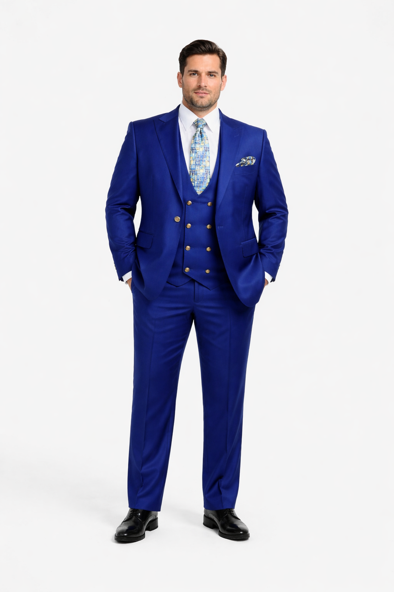 Rossiman Mens Royal Blue Slim Fit Suit - Sophisticated Double-Breasted Design