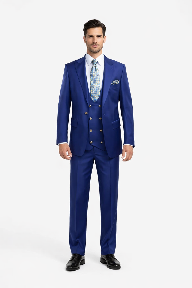 Rossiman Mens Royal Blue Slim Fit Suit - Sophisticated Double-Breasted Design