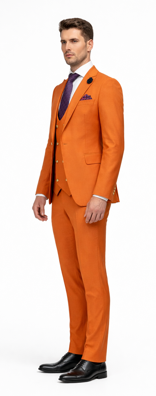 Rossiman Men's Rust Slim Fit Suit – 3-Piece Set with Double-Breasted Vest & Flat Front Pants