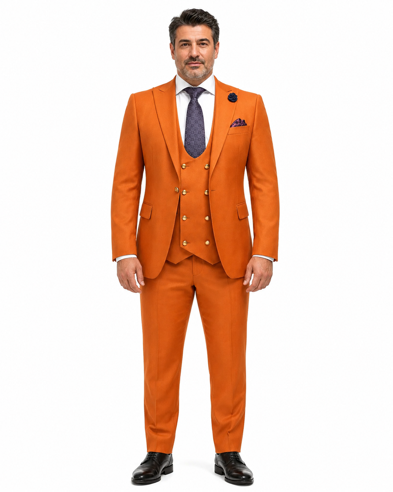 Rossiman Men's Rust Slim Fit Suit – 3-Piece Set with Double-Breasted Vest & Flat Front Pants