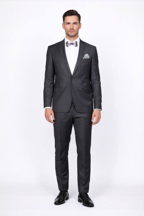 Rossiman Men's Slim Fit Gray Wool Suit – 1-Button Peak Lapel Jacket & Tapered Low-Rise Pants
