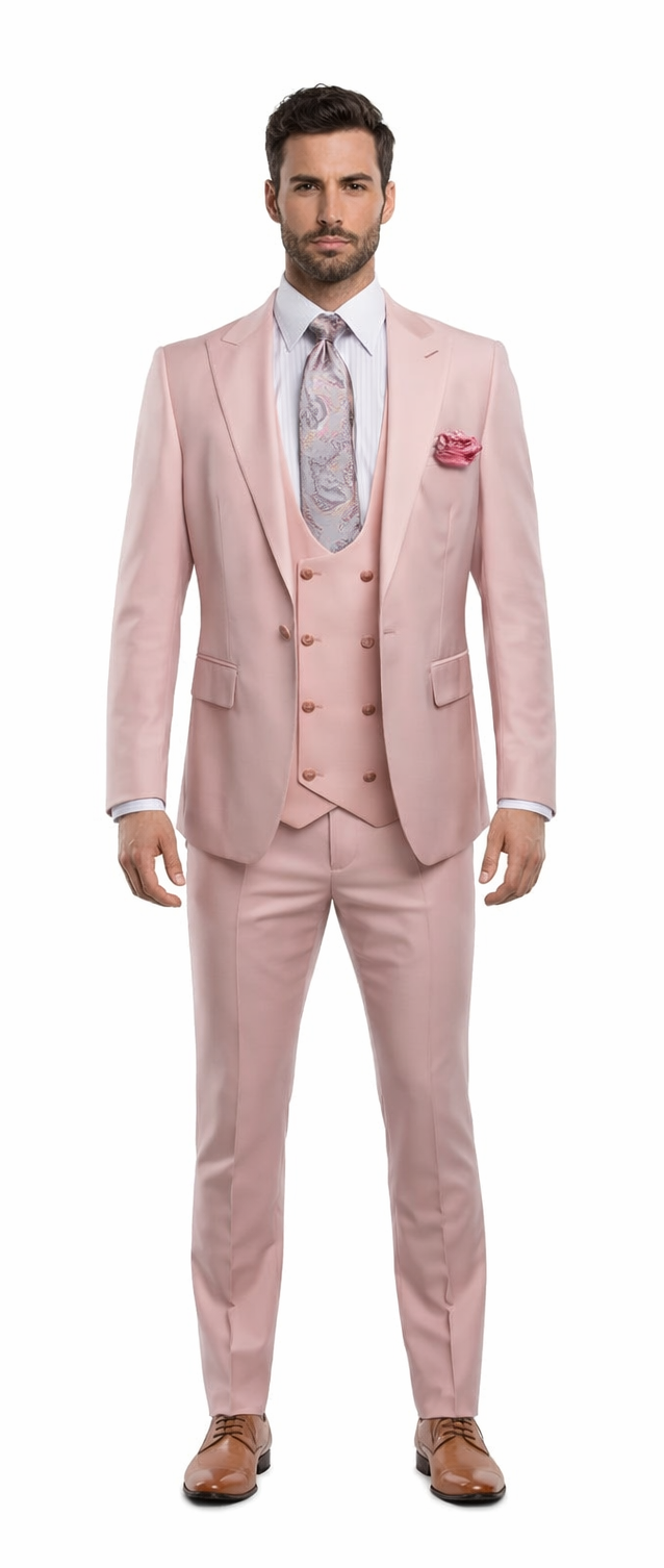 Rossiman Men's Slim Fit Pink Suit – Elegant Double-Breasted Vest & Tailored Flat Front Pants