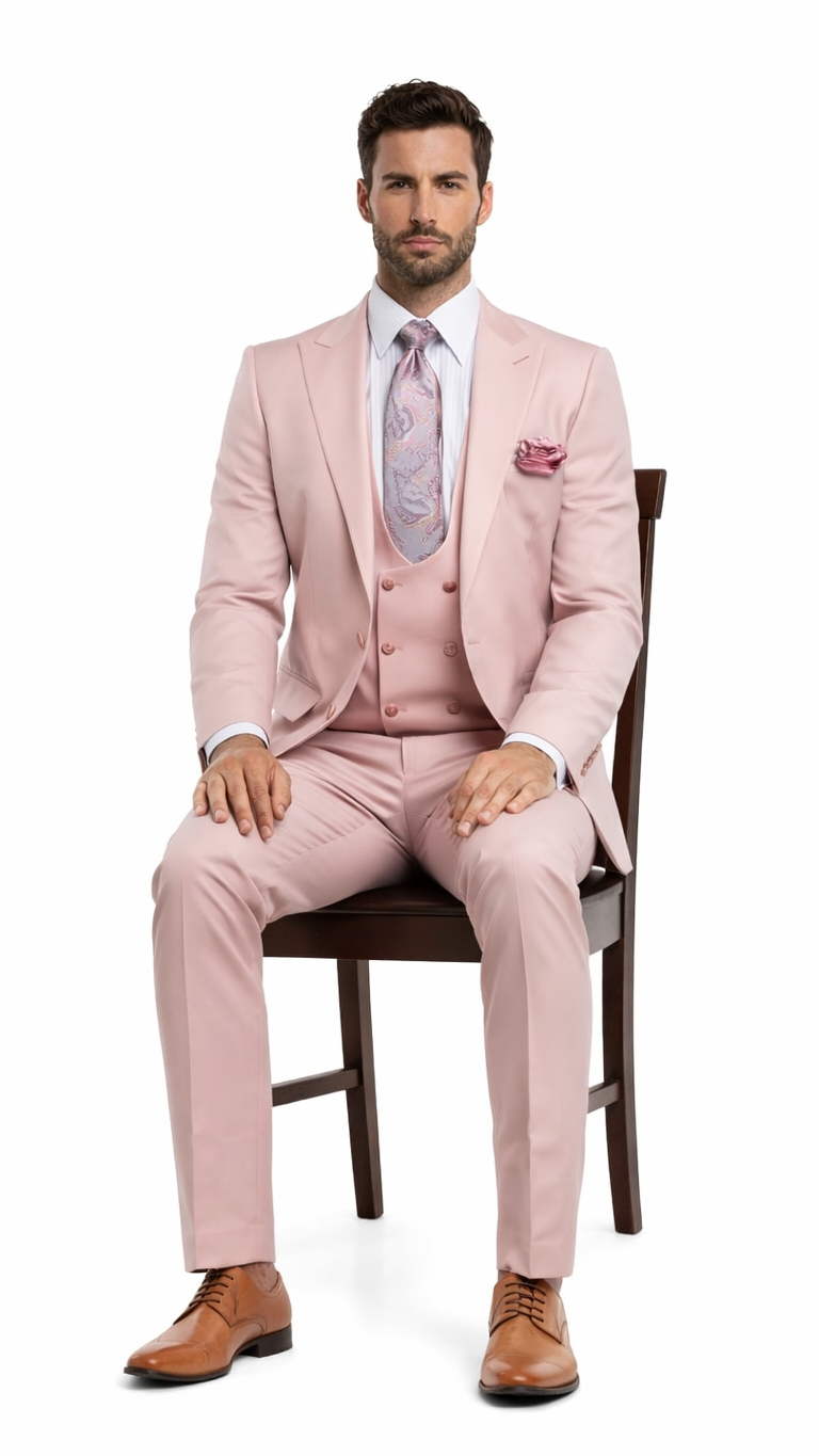 Rossiman Men's Slim Fit Pink Suit – Elegant Double-Breasted Vest & Tailored Flat Front Pants