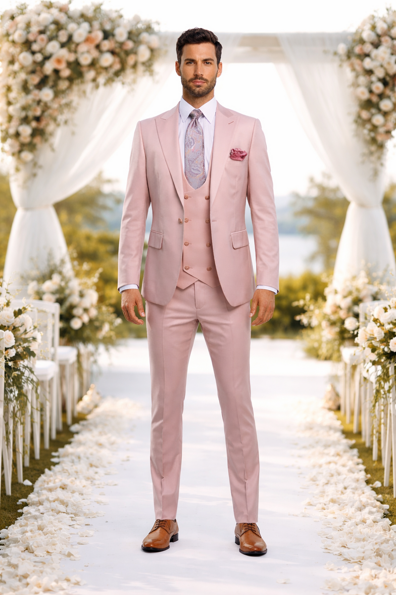 Rossiman Men's Slim Fit Pink Suit – Elegant Double-Breasted Vest & Tailored Flat Front Pants