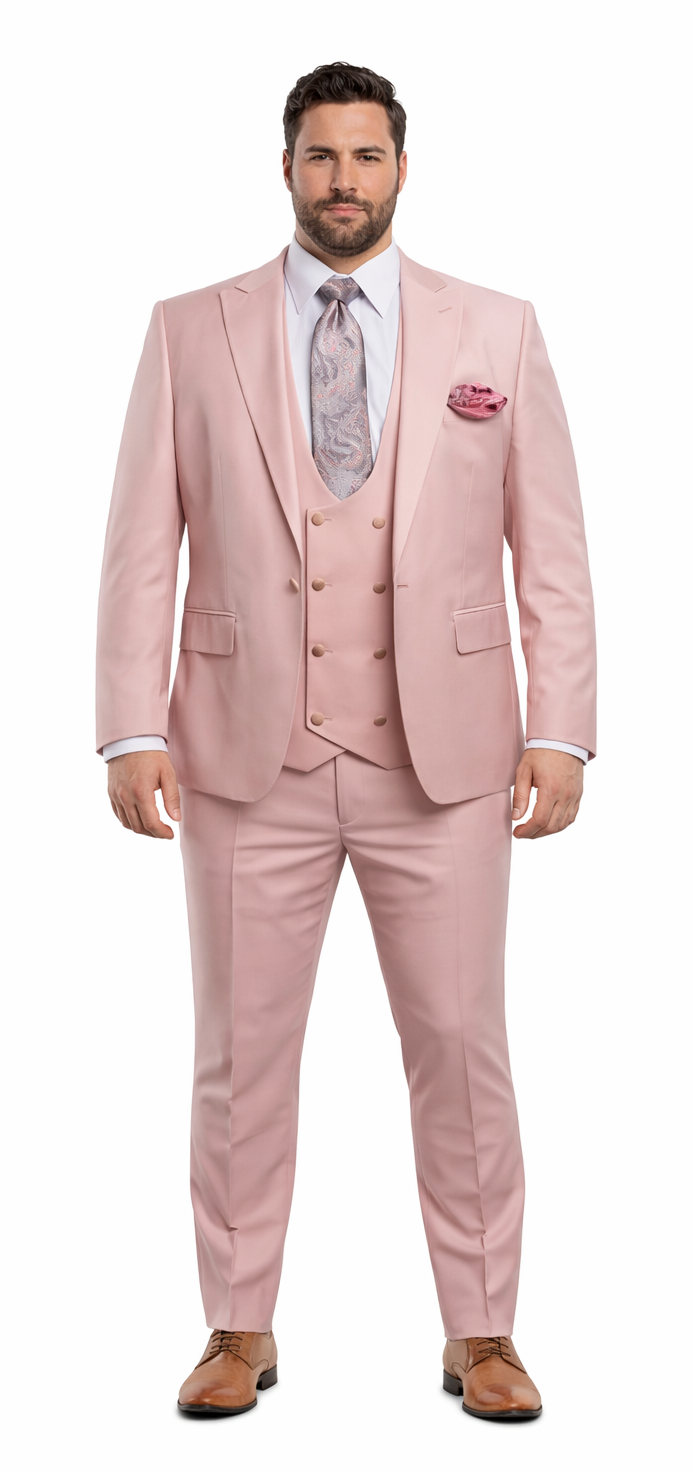 Rossiman Men's Slim Fit Pink Suit – Elegant Double-Breasted Vest & Tailored Flat Front Pants