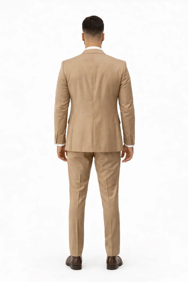 Rossiman Mens Tan Suit - Gold Buttons & Double-Breasted Vest Elegance