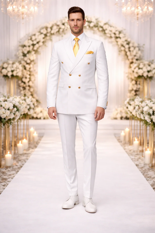 Rossiman Men's White Slim Fit Suit – Double-Breasted 3-Piece Formal Ensemble